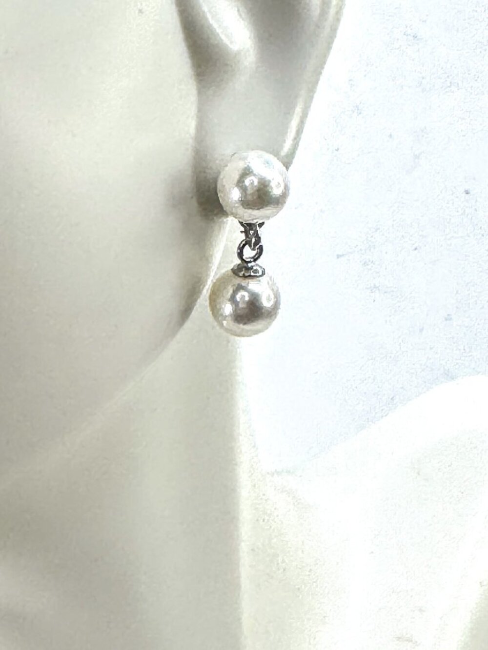 Mid Century 14K white Gold Double Cultured Pearl dangle Stud Earrings JR1678